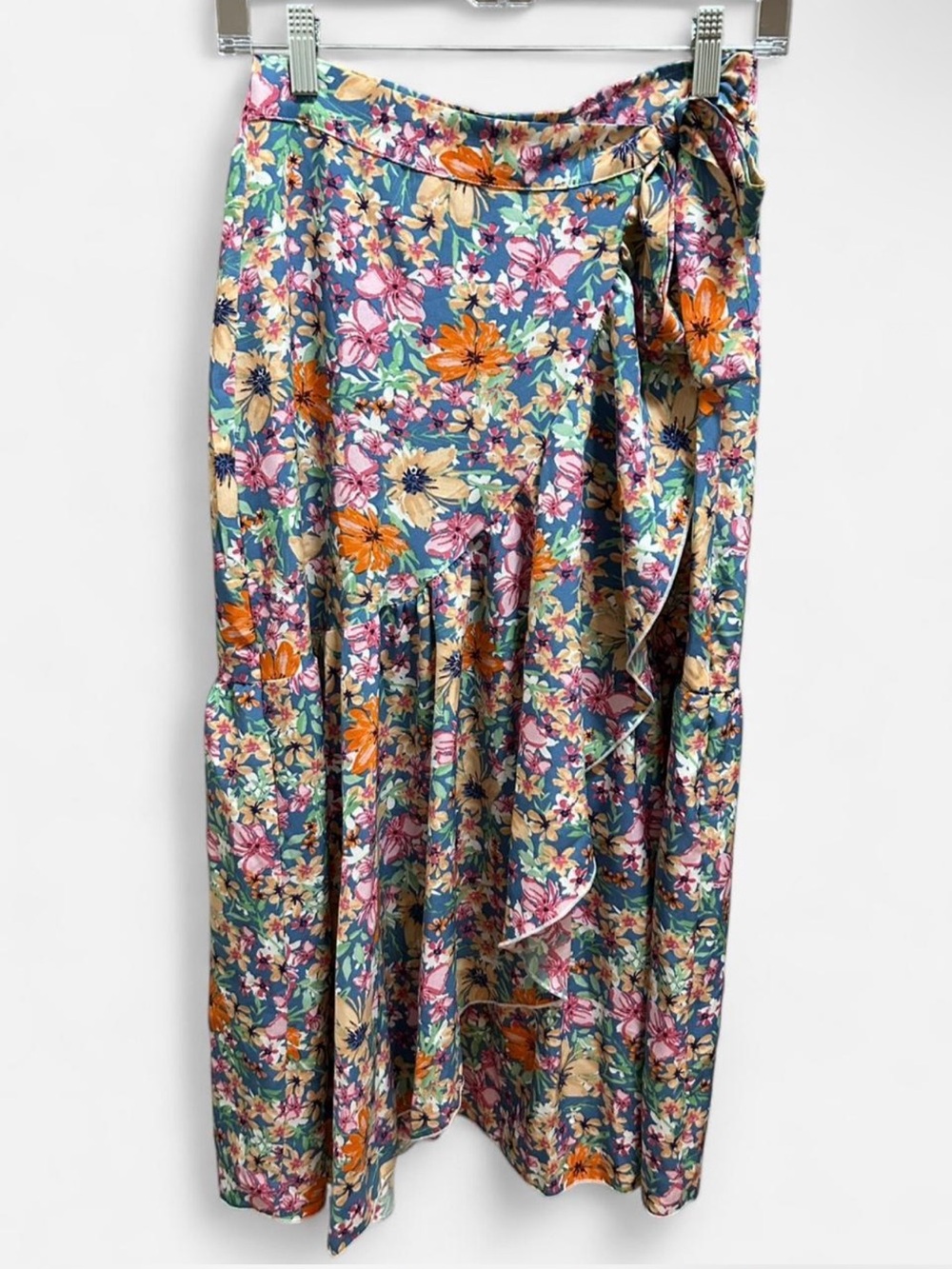 Skue Floral Wrap Midi Skirt Size S US 4 Blue Pink Orange Ruffle Tie Waist